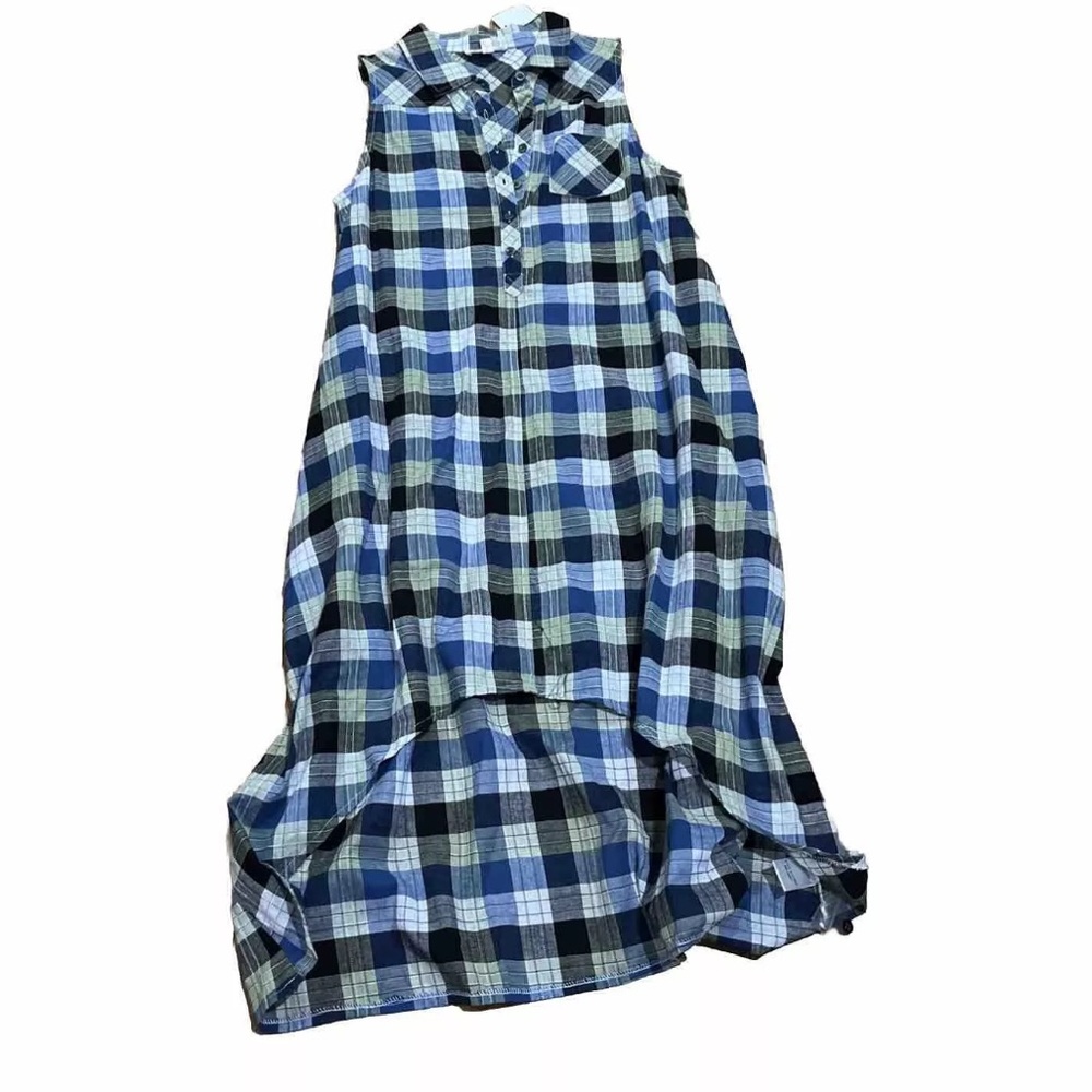 NWT Oddy Blue Plaid Sleeveless Collared Button Front Hi-low Dress Women’s Small